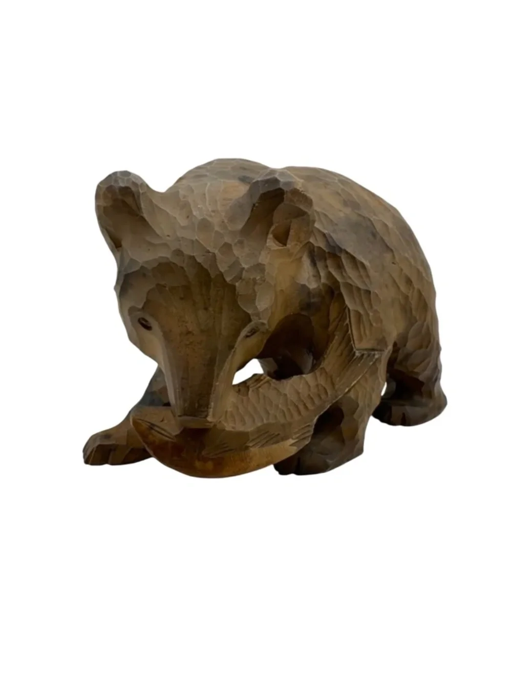 Vintage Japanese Ainu Bear Salmon Figure Hand Carved Wood Hokkaido Folk Art Kuma